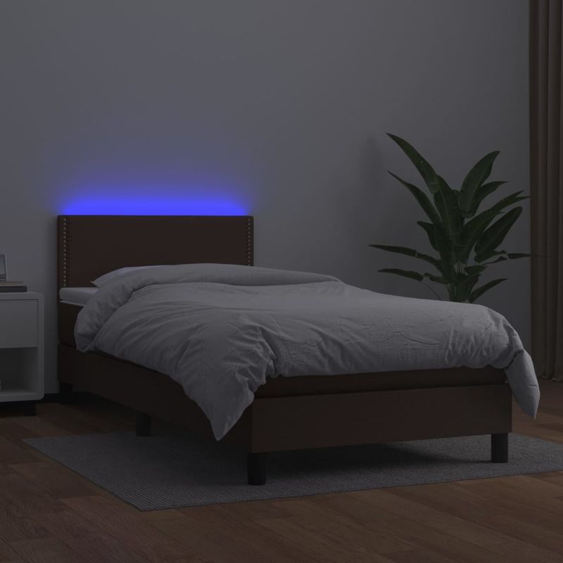 Casa si Gradina - Mobilier - Paturi si accesorii - Paturi - Pat cu arcuri, saltea și LED, maro, 100x200 cm, piele ecologica, model unică și cuie de tapițerie - Infinity.ro