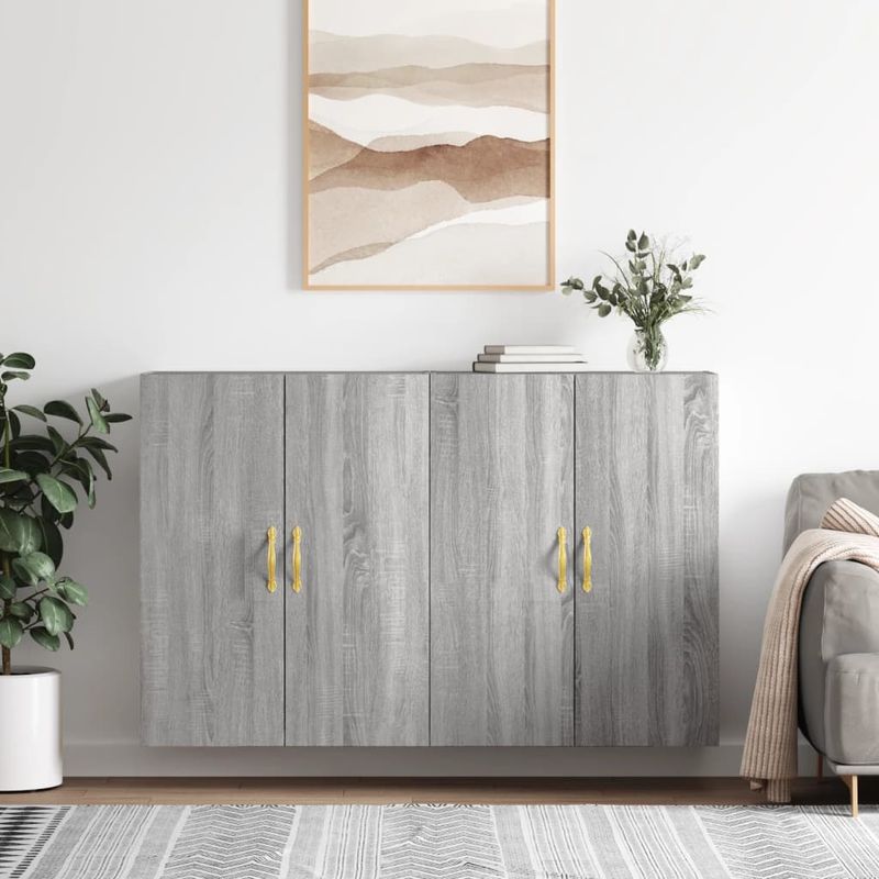 Casa si Gradina - Mobilier - Comode si corpuri - Comode - Dulapuri montate pe perete, 2 buc, gri sonoma, 69,5x34x90 cm, model auriu model frunză - Infinity.ro