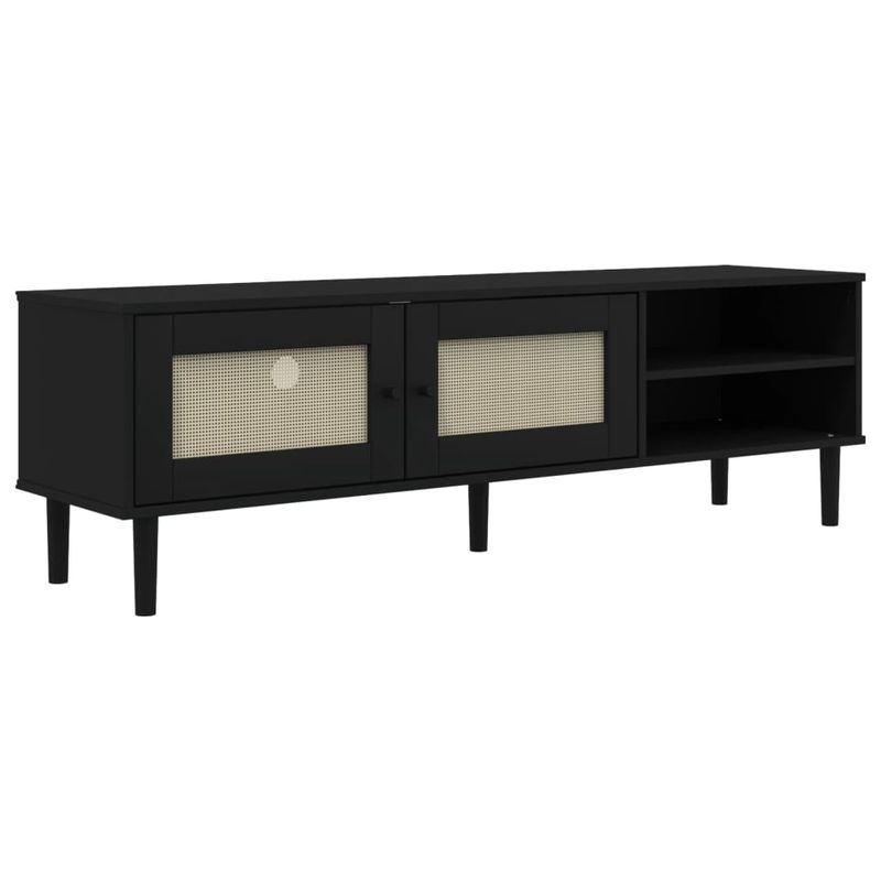 Casa si Gradina - Mobilier - Comode si corpuri - Comode - Comoda TV SENJA aspect ratan negru, 158x40x49cm, lemn masiv pin - Infinity.ro