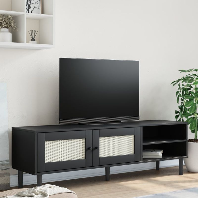 Casa si Gradina - Mobilier - Comode si corpuri - Comode - Comoda TV SENJA aspect ratan negru, 158x40x49cm, lemn masiv pin - Infinity.ro