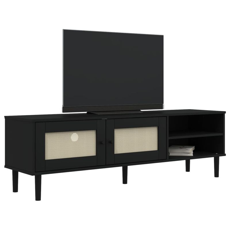 Casa si Gradina - Mobilier - Comode si corpuri - Comode - Comoda TV SENJA aspect ratan negru, 158x40x49cm, lemn masiv pin - Infinity.ro