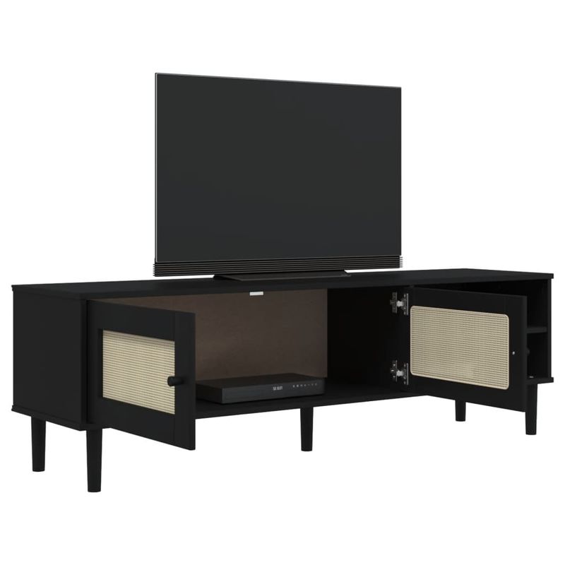 Casa si Gradina - Mobilier - Comode si corpuri - Comode - Comoda TV SENJA aspect ratan negru, 158x40x49cm, lemn masiv pin - Infinity.ro