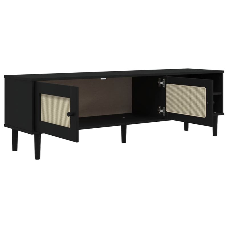 Casa si Gradina - Mobilier - Comode si corpuri - Comode - Comoda TV SENJA aspect ratan negru, 158x40x49cm, lemn masiv pin - Infinity.ro