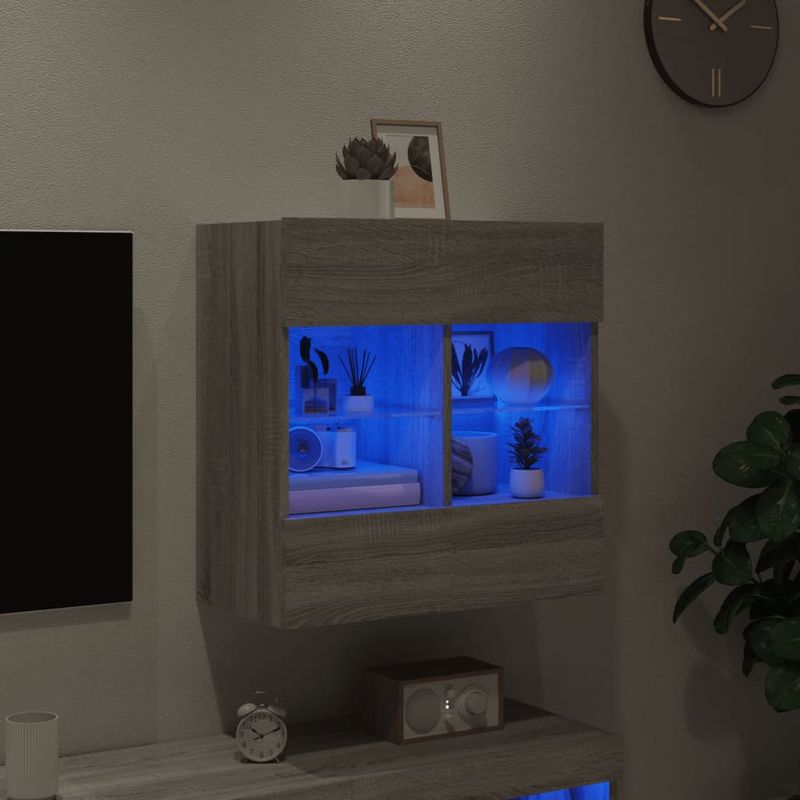 Casa si Gradina - Mobilier - Comode si corpuri - Comode - Comoda TV de perete cu lumini LED, gri sonoma, 58,5x30x60,5 cm - Infinity.ro