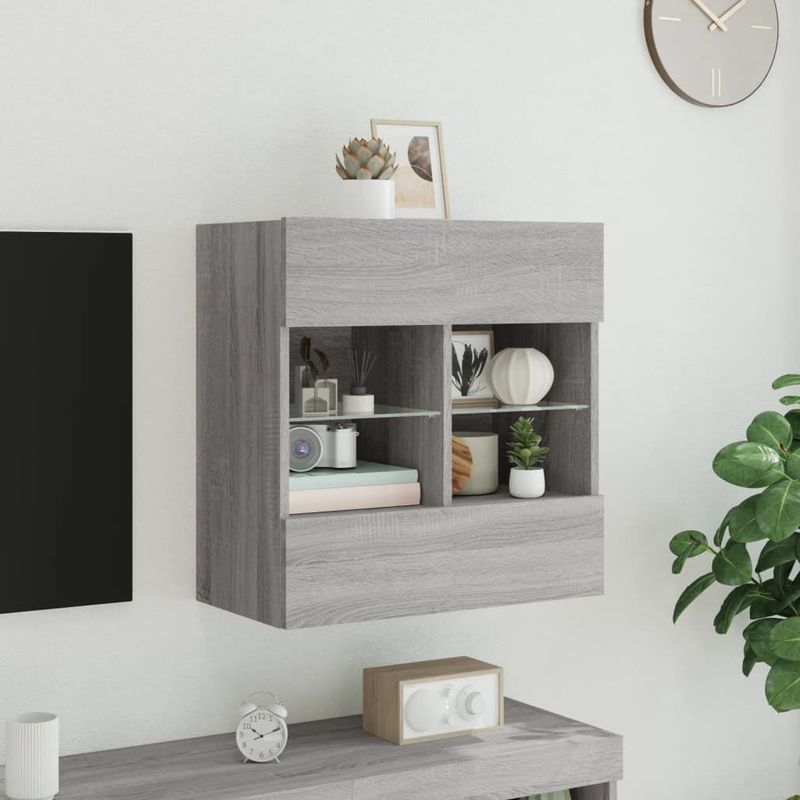 Casa si Gradina - Mobilier - Comode si corpuri - Comode - Comoda TV de perete cu lumini LED, gri sonoma, 58,5x30x60,5 cm - Infinity.ro