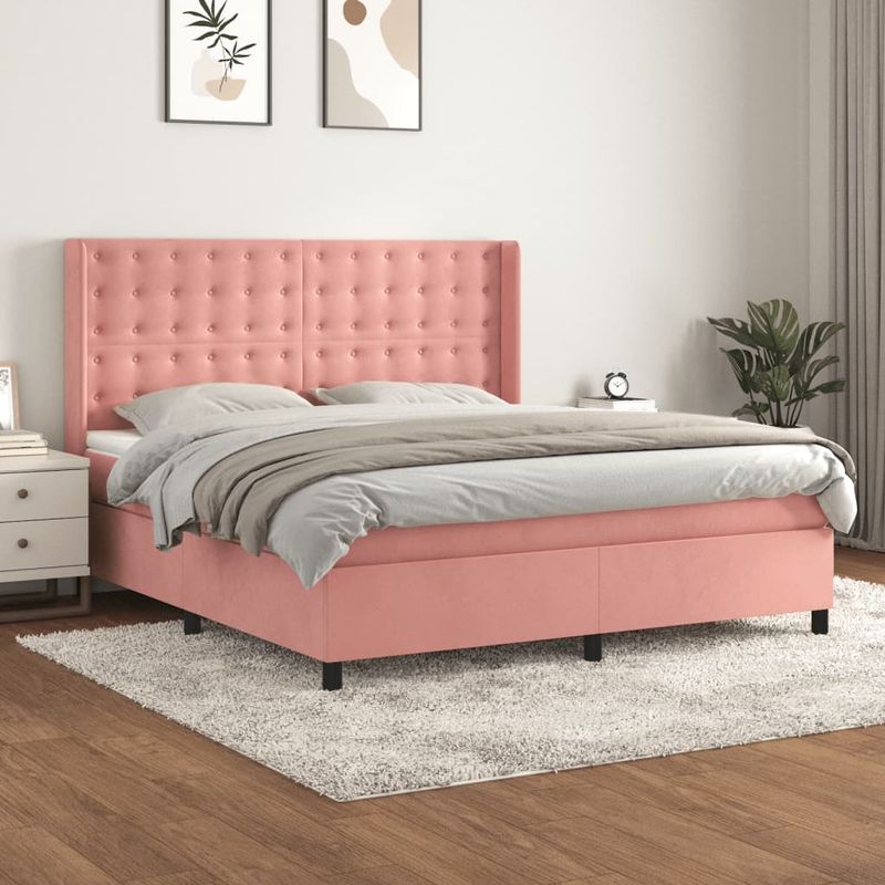 Casa si Gradina - Mobilier - Paturi si accesorii - Paturi - Pat box spring cu saltea, roz, 160x200 cm, catifea - Infinity.ro