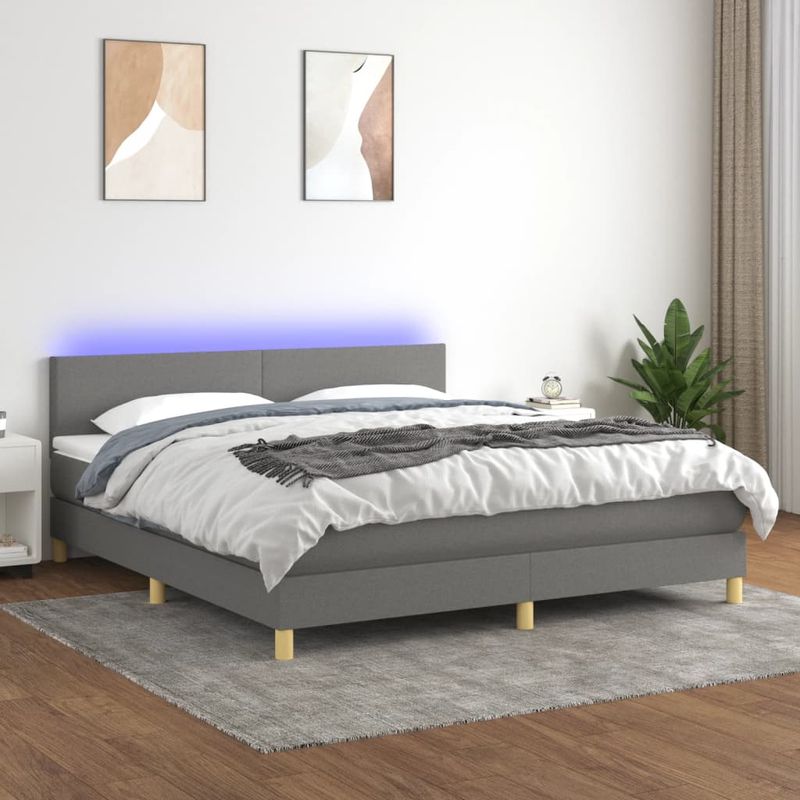 Casa si Gradina - Mobilier - Paturi si accesorii - Paturi - Pat cu arcuri, saltea si LED, gri inchis, 180x200 cm, textil - Infinity.ro
