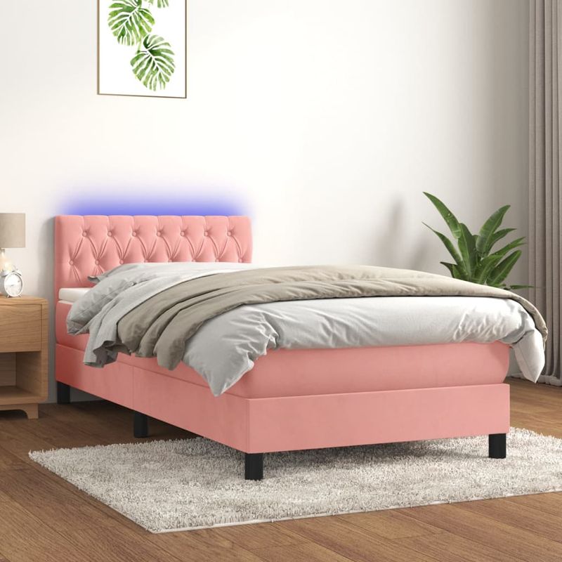 Casa si Gradina - Mobilier - Paturi si accesorii - Paturi - Pat cu arcuri, saltea si LED, roz, 100x200 cm, catifea - Infinity.ro