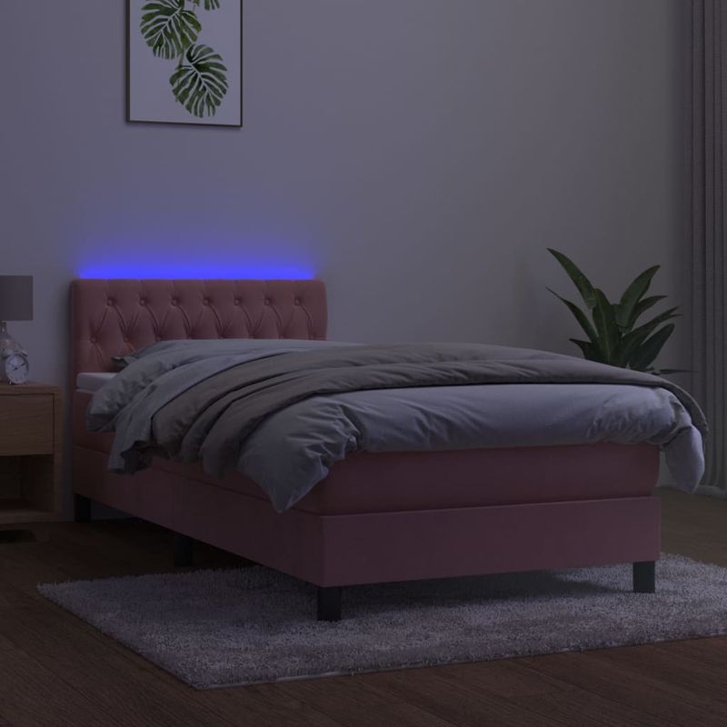 Casa si Gradina - Mobilier - Paturi si accesorii - Paturi - Pat cu arcuri, saltea si LED, roz, 100x200 cm, catifea - Infinity.ro