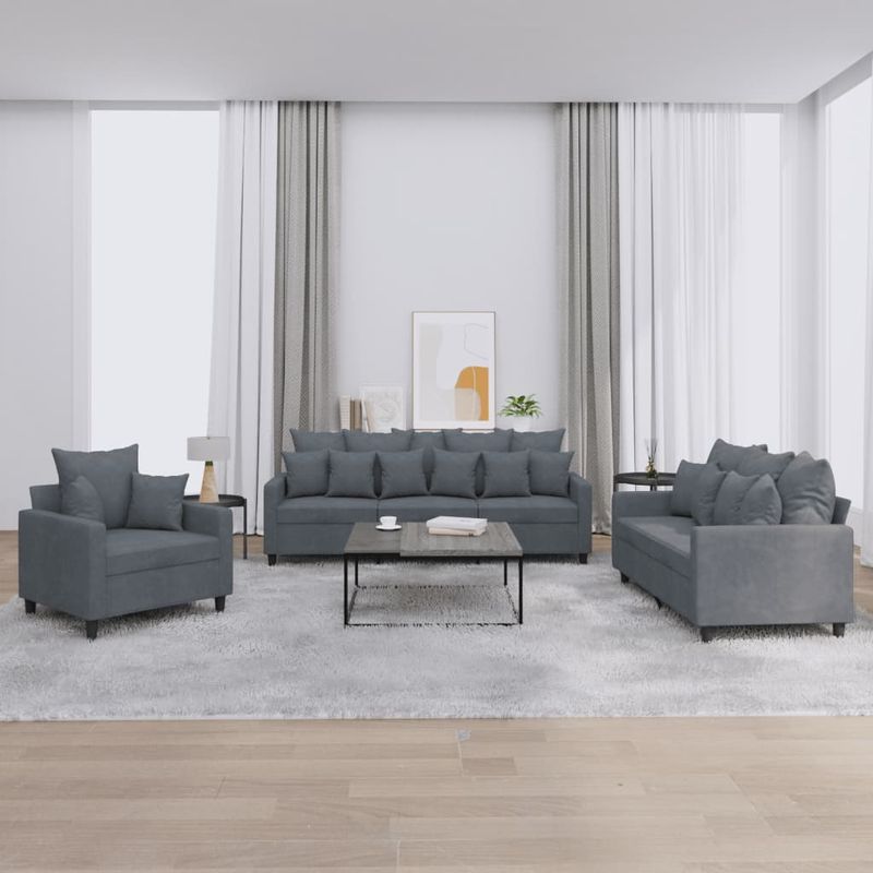 Casa si Gradina - Mobilier - Seturi de mobilier - Seturi living - Set de canapele cu perne, 3 piese, gri inchis, catifea - Infinity.ro