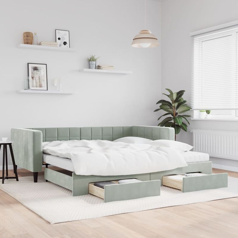 Casa si Gradina - Mobilier - Paturi si accesorii - Paturi - Pat de zi cu extensie si sertare gri deschis 100x200 cm catifea - Infinity.ro