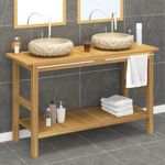 Casa si Gradina - Mobilier - Mobilier baie - Comode baie - Comoda de baie cu chiuvete din marmura, crem, lemn masiv tec - Infinity.ro