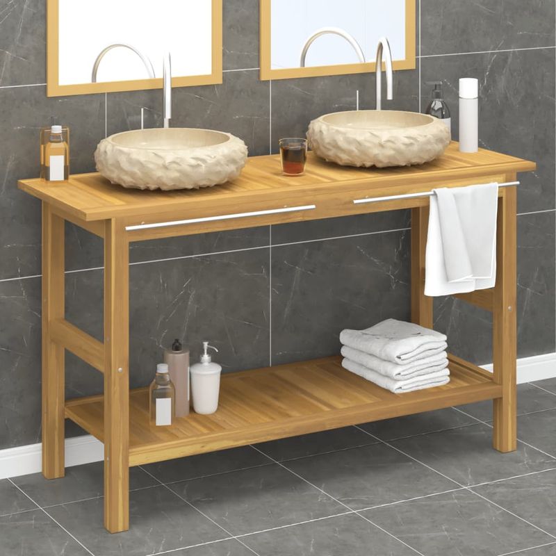 Casa si Gradina - Mobilier - Mobilier baie - Comode baie - Comoda de baie cu chiuvete din marmura, crem, lemn masiv tec - Infinity.ro