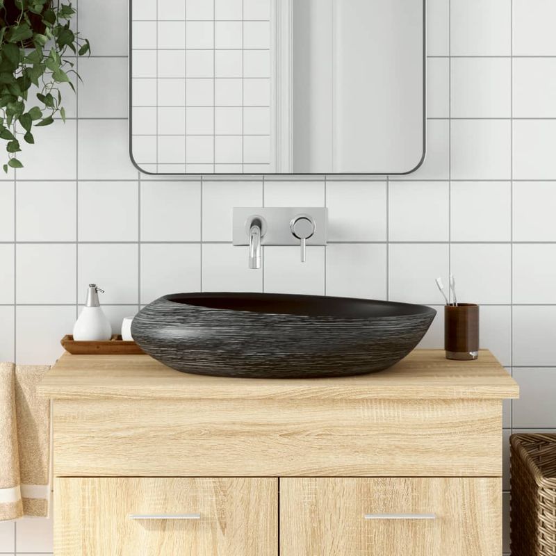 Casa si Gradina - Sanitare - Lavoar baie si accesorii - Lavoare si piedestale - Lavoar de blat, 59x40x14 cm, ceramica, oval, gri și negru - Infinity.ro