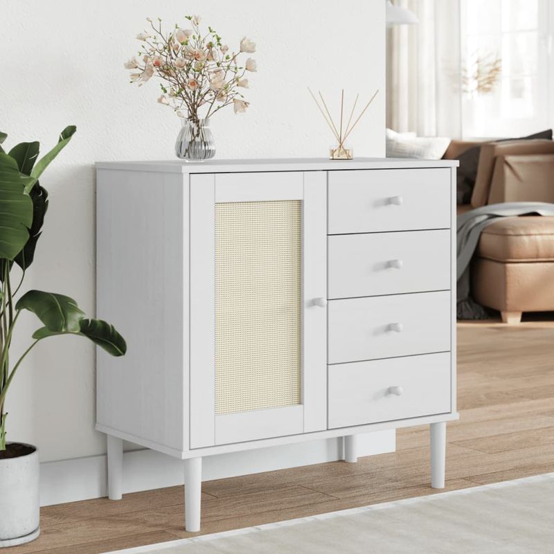 Casa si Gradina - Mobilier - Comode si corpuri - Comode - Servanta SENJA, aspect ratan alb, 80x40x80 cm, lemn masiv pin - Infinity.ro