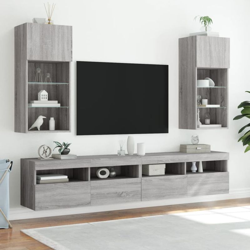 Casa si Gradina - Mobilier - Comode si corpuri - Comode - Comode TV cu lumini LED, 2 buc., gri sonoma, 40,5x30x90 cm - Infinity.ro