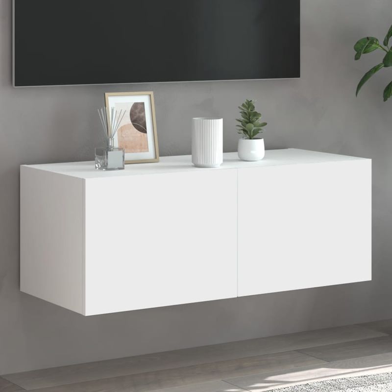 Casa si Gradina - Mobilier - Comode si corpuri - Comode - Comoda TV de perete cu lumini LED, alb, 80x35x31 cm - Infinity.ro