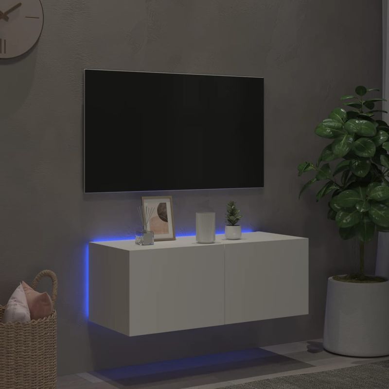 Casa si Gradina - Mobilier - Comode si corpuri - Comode - Comoda TV de perete cu lumini LED, alb, 80x35x31 cm - Infinity.ro