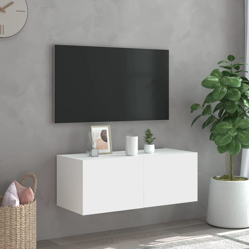 Casa si Gradina - Mobilier - Comode si corpuri - Comode - Comoda TV de perete cu lumini LED, alb, 80x35x31 cm - Infinity.ro