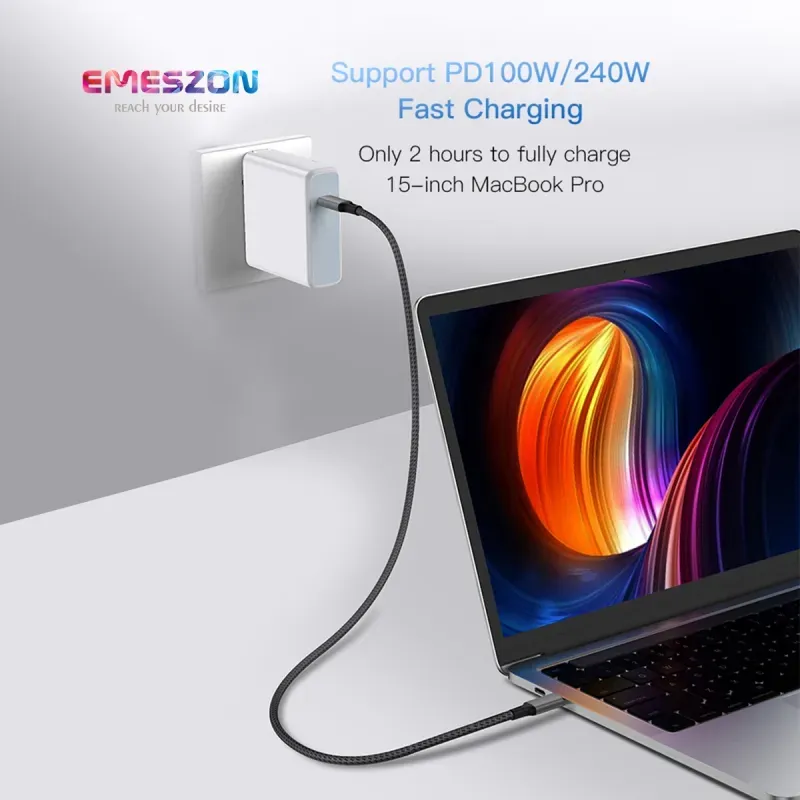 Laptop, Telefoane si Tablete - Telefoane mobile si accesorii - Accesorii Telefoane - Cabluri si adaptoare telefoane - Cablu Date si Incarcare Tip C 100W-240W USB-C 4.0 Emeszon®, Audio Video 8K 4K 60Hz 40 Gbps Type-C x 2, 20V 5A, 1m, negru - Infinity.ro