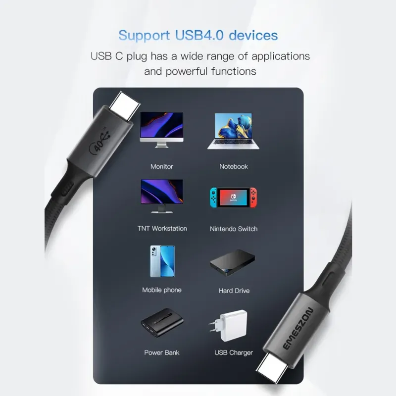 Laptop, Telefoane si Tablete - Telefoane mobile si accesorii - Accesorii Telefoane - Cabluri si adaptoare telefoane - Cablu Date si Incarcare Tip C 100W-240W USB-C 4.0 Emeszon®, Audio Video 8K 4K 60Hz 40 Gbps Type-C x 2, 20V 5A, 1m, negru - Infinity.ro