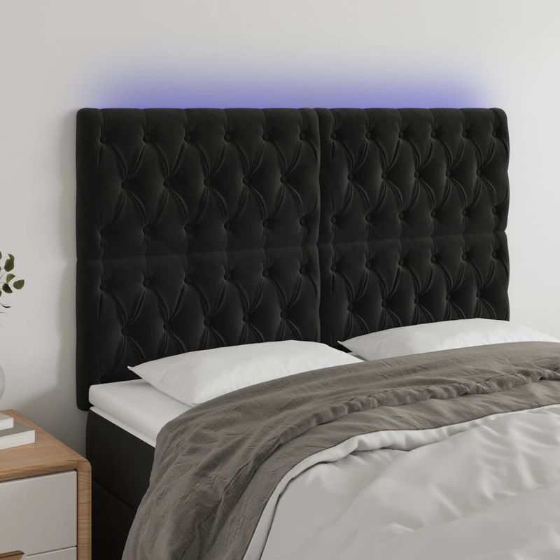 Casa si Gradina - Mobilier - Paturi si accesorii - Accesorii paturi - Tablie de pat cu LED, negru, 144x7x118/128 cm, catifea - Infinity.ro