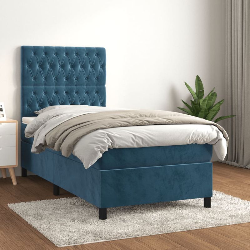Casa si Gradina - Mobilier - Paturi si accesorii - Paturi - Pat box spring cu saltea, albastru inchis, 90x190 cm, catifea - Infinity.ro