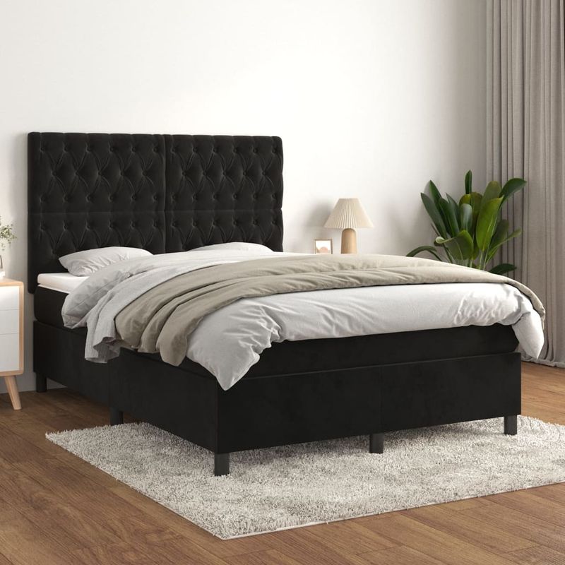 Casa si Gradina - Mobilier - Paturi si accesorii - Paturi - Pat box spring cu saltea, negru, 140x190 cm, catifea - Infinity.ro