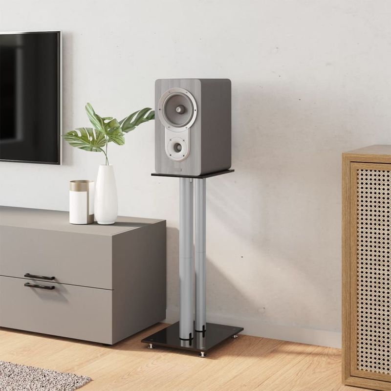 TV, Audio-Video si Foto - Audio profesionale - Stative - Suport difuzor 2 buc, negru/argintiu sticla securizata 2 stalpi - Infinity.ro