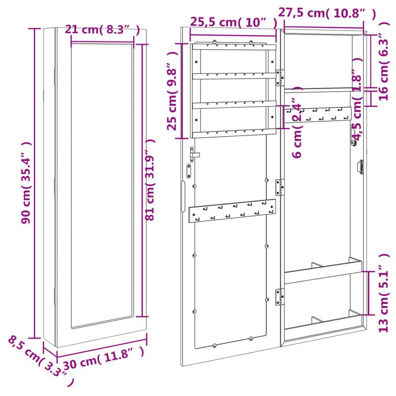Casa si Gradina - Mobilier - Dulapuri si sifoniere - Dulapuri - Dulap de bijuterii cu oglinda montat pe perete alb 30x8,5x90 cm - Infinity.ro