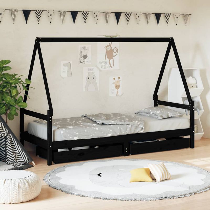 Casa si Gradina - Mobilier - Mobilier copii - Patuturi copii - Cadru de pat copii cu sertare, negru, 90x200 cm, lemn masiv pin - Infinity.ro