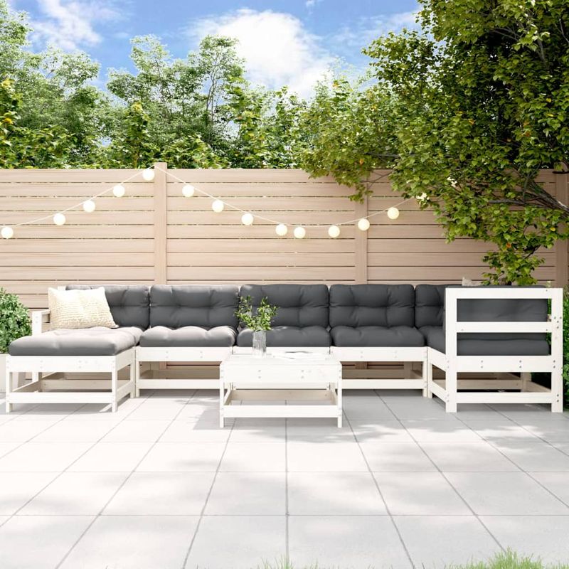 Casa si Gradina - Gradina si terasa - Mobilier exterior - Seturi mobila gradina - Set mobilier de gradina cu perne, 8 piese, alb, lemn masiv - Infinity.ro