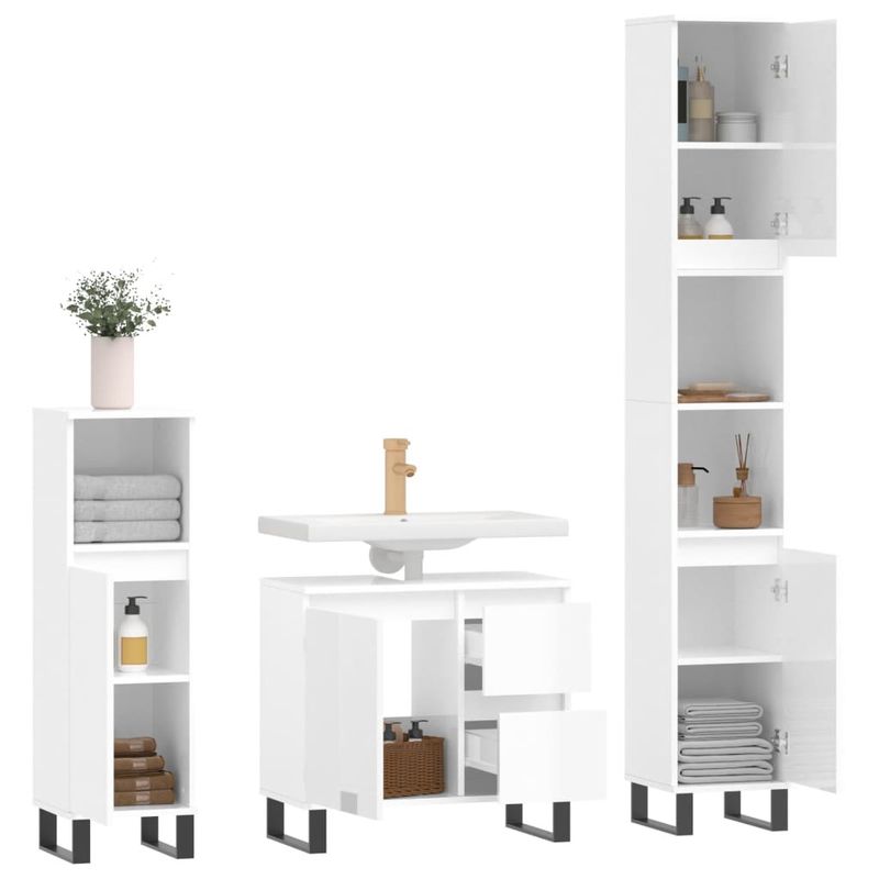 Casa si Gradina - Mobilier - Seturi de mobilier - Seturi baie - Set mobilier de baie, 3 piese, alb extralucios, lemn compozit - Infinity.ro