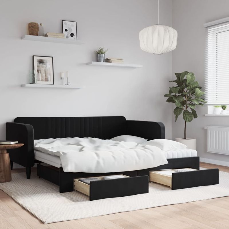 Casa si Gradina - Mobilier - Paturi si accesorii - Paturi - Pat de zi cu extensie si sertare, negru, 90x190 cm, catifea - Infinity.ro