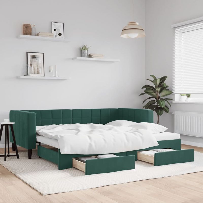 Casa si Gradina - Mobilier - Paturi si accesorii - Paturi - Pat de zi cu extensie si sertare verde inchis 80x200 cm catifea - Infinity.ro