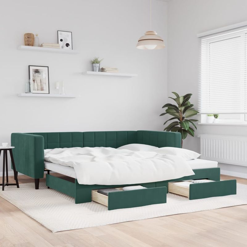 Casa si Gradina - Mobilier - Paturi si accesorii - Paturi - Pat de zi cu extensie si sertare verde inchis 100x200cm catifea - Infinity.ro