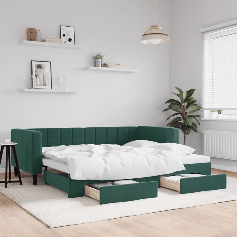Casa si Gradina - Mobilier - Paturi si accesorii - Paturi - Pat de zi cu extensie si sertare verde inchis 90x200 cm catifea - Infinity.ro