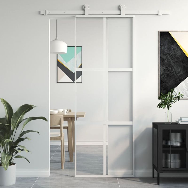 Casa si Gradina - Constructii - Usi interior, exterior si garaj - Usi interior - Usa glisanta, alb, 76x205 cm, sticla securizata/aluminiu, model grilă 3x2 - Infinity.ro