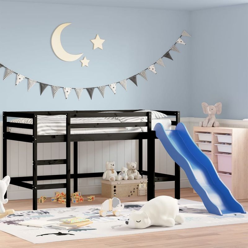 Casa si Gradina - Mobilier - Paturi si accesorii - Paturi - Pat pentru copii cu tobogan, negru, 80x200 cm, lemn masiv pin - Infinity.ro