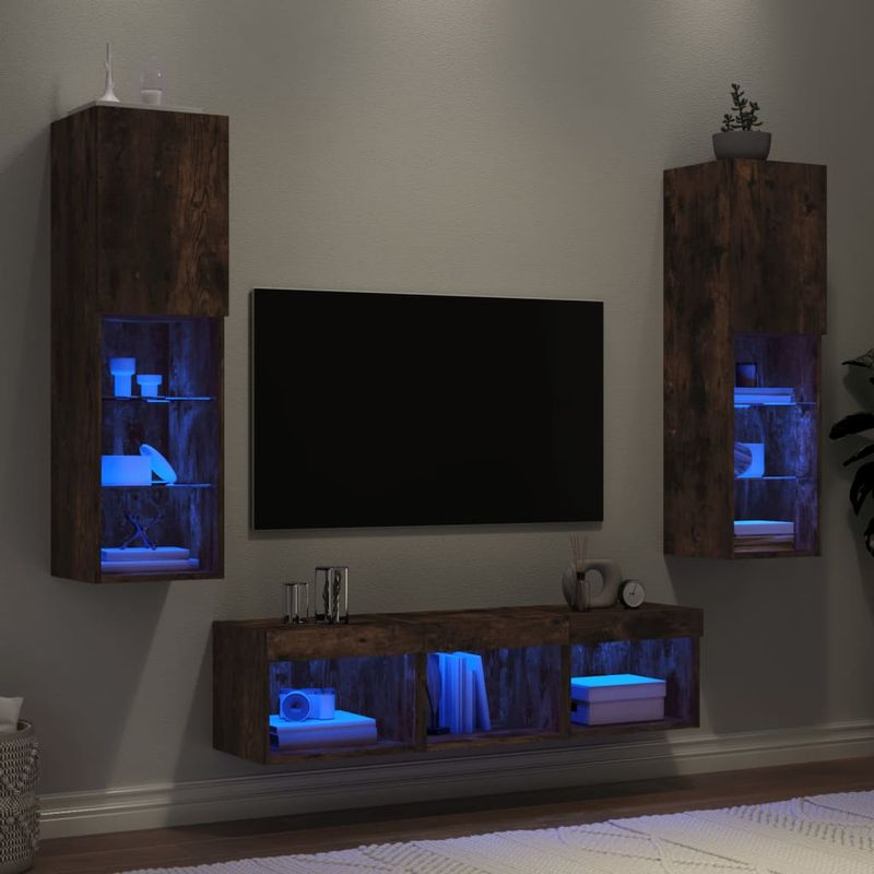 Casa si Gradina - Mobilier - Comode si corpuri - Comode - Unitati de perete TV cu LED-uri, 5 piese, stejar fumuriu, lemn - Infinity.ro