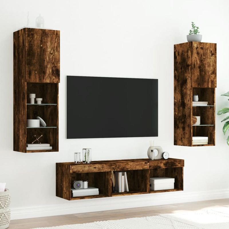 Casa si Gradina - Mobilier - Comode si corpuri - Comode - Unitati de perete TV cu LED-uri, 5 piese, stejar fumuriu, lemn - Infinity.ro
