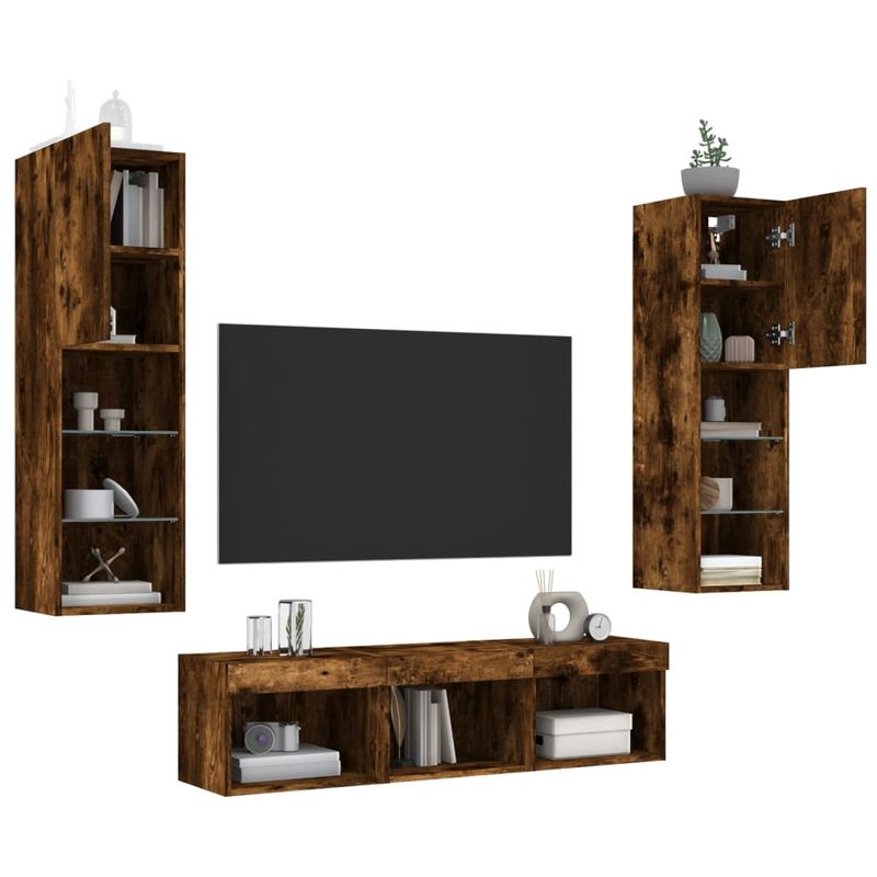 Casa si Gradina - Mobilier - Comode si corpuri - Comode - Unitati de perete TV cu LED-uri, 5 piese, stejar fumuriu, lemn - Infinity.ro
