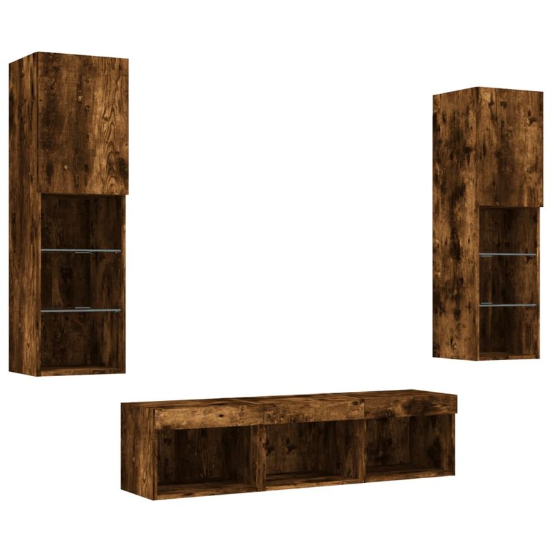 Casa si Gradina - Mobilier - Comode si corpuri - Comode - Unitati de perete TV cu LED-uri, 5 piese, stejar fumuriu, lemn - Infinity.ro