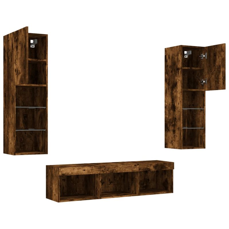Casa si Gradina - Mobilier - Comode si corpuri - Comode - Unitati de perete TV cu LED-uri, 5 piese, stejar fumuriu, lemn - Infinity.ro