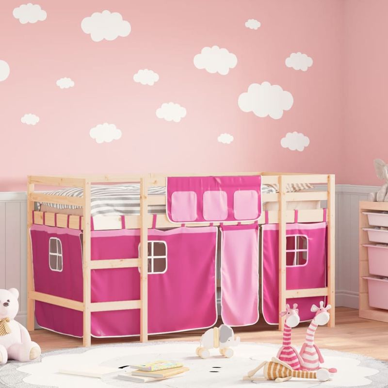 Casa si Gradina - Mobilier - Paturi si accesorii - Paturi - Pat etajat de copii cu perdele, roz, 90x200 cm, lemn masiv pin - Infinity.ro