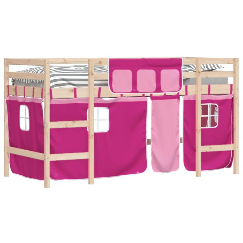 Casa si Gradina - Mobilier - Paturi si accesorii - Paturi - Pat etajat de copii cu perdele, roz, 90x200 cm, lemn masiv pin - Infinity.ro