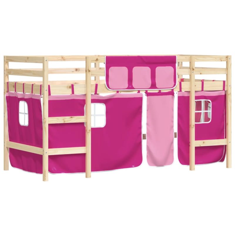 Casa si Gradina - Mobilier - Paturi si accesorii - Paturi - Pat etajat de copii cu perdele, roz, 90x200 cm, lemn masiv pin - Infinity.ro