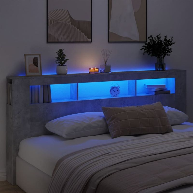 Casa si Gradina - Mobilier - Paturi si accesorii - Accesorii paturi - Tablie de pat cu LED, gri beton, 220x18,5x103,5 cm, lemn - Infinity.ro