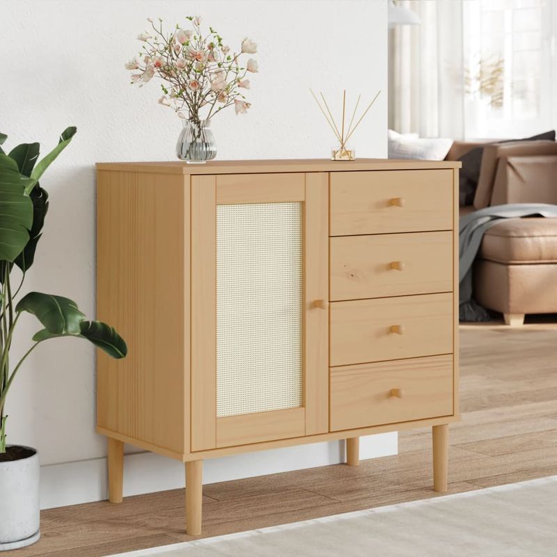 Casa si Gradina - Mobilier - Comode si corpuri - Comode - Servanta SENJA, aspect ratan maro, 80x40x80 cm, lemn masiv pin - Infinity.ro