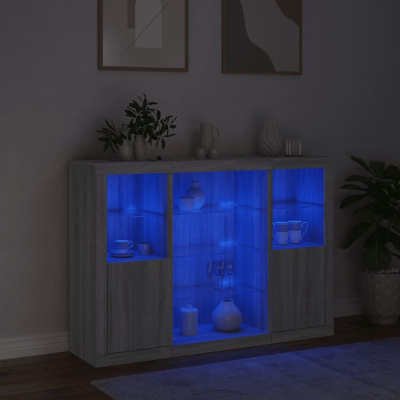 Casa si Gradina - Mobilier - Comode si corpuri - Comode - Servanta cu lumini LED, 3 buc., gri sonoma, lemn prelucrat - Infinity.ro